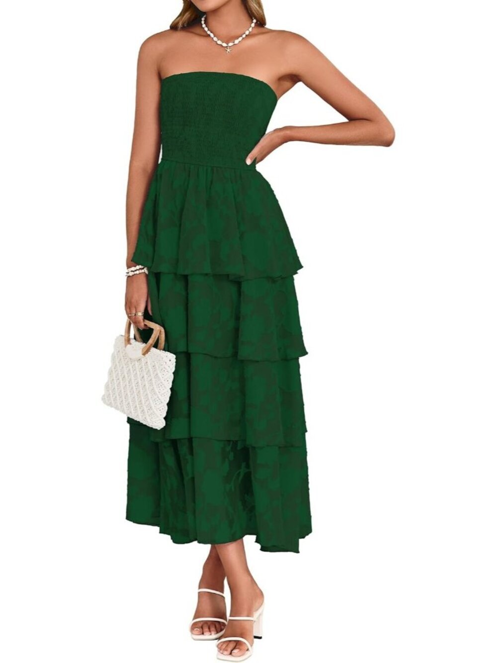 Women Strapless Maxi Dress Floral Off Shoulder Dress Deep Green Beach Sundress